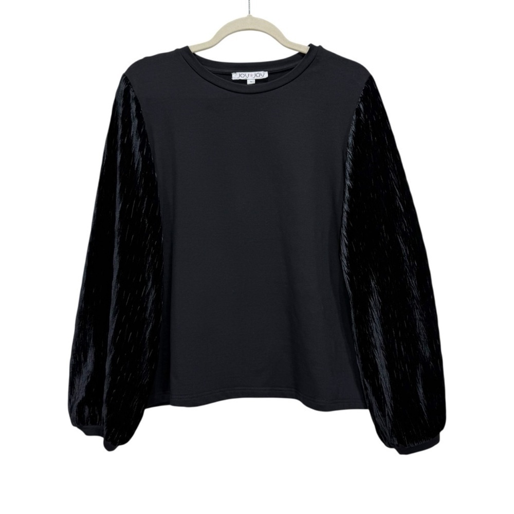Joy Joy Black Puff Sleeve Top – Black Textured Velvet Balloon Sleeves – Size M